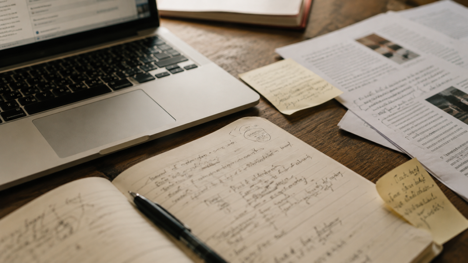 Research notes and source material beside a laptop for a content writing project