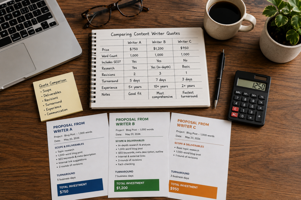 Notebook comparing content writer quotes beside project estimates, calculator, laptop, and coffee