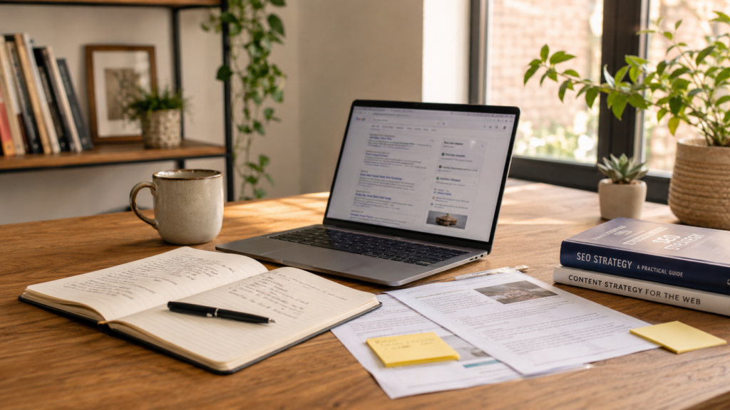 Content research workspace with laptop, handwritten notes, source material, and SEO strategy books