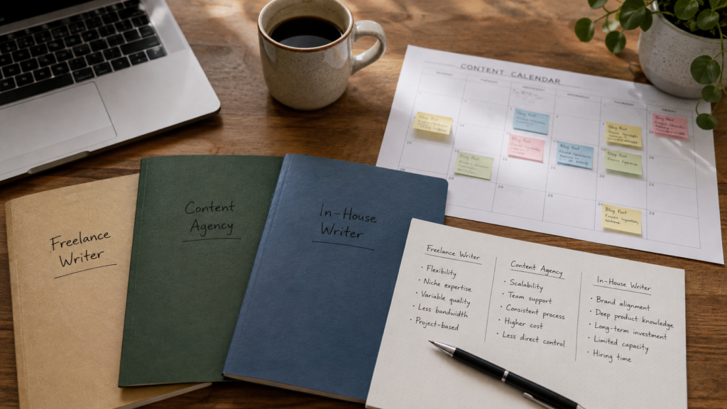 Desk with notebooks comparing freelance writer, content agency, and in-house writer options