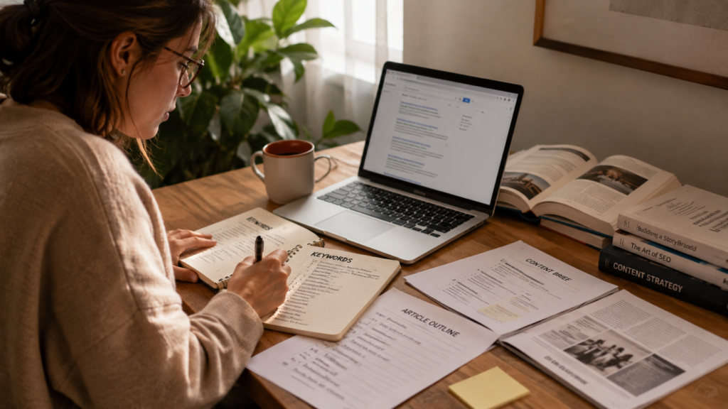 Writer researching SEO content with search results, keyword notes, article outline, and content brief