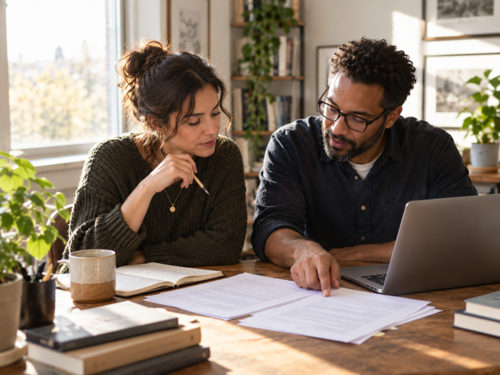 Two professionals reviewing business content together at a shared workspace