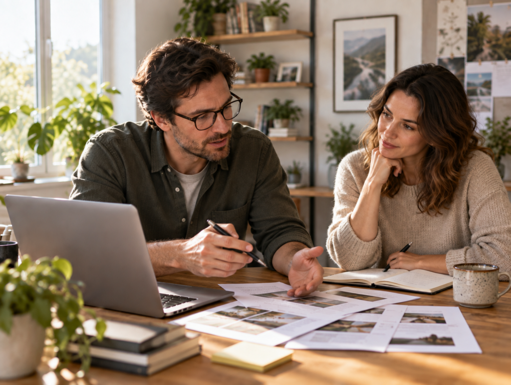 Freelance writer discussing content plans with a client at a desk with a laptop and printed pages