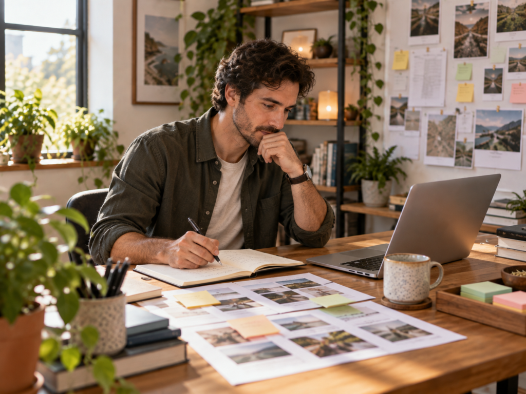 A content writer planning recurring work at a desk with a laptop, notebook, printed pages, and sticky notes