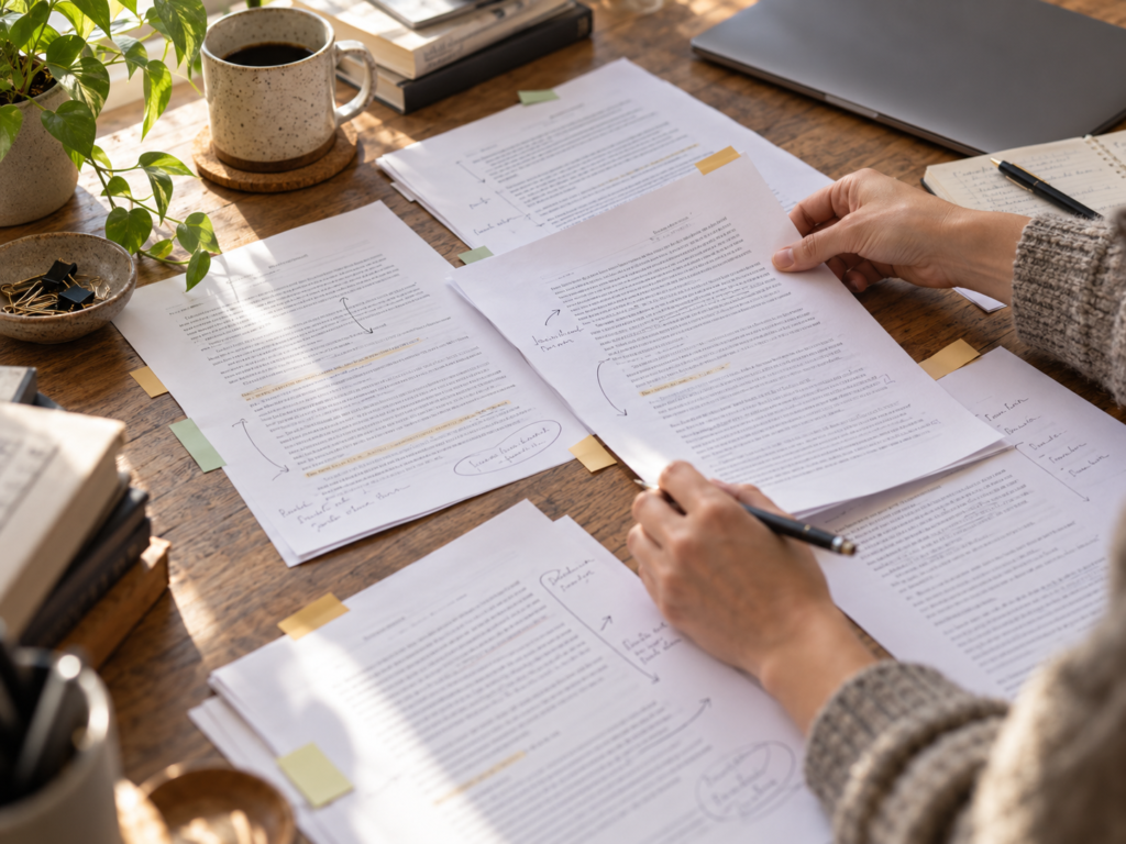 Printed business content being reorganized with handwritten editing notes and page markers