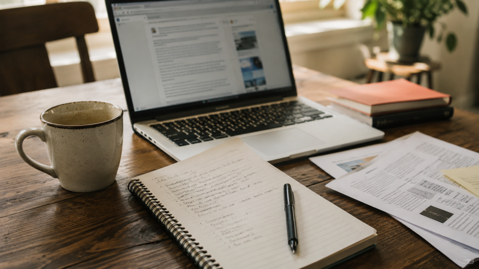 Laptop, notebook, and research materials used for content writing
