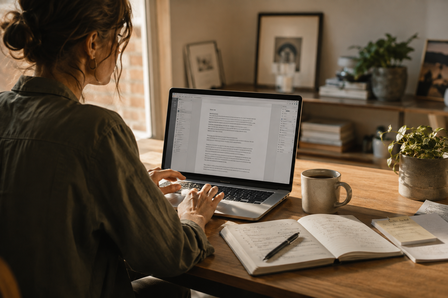Writer working on search-focused content at a laptop with handwritten notes and research materials nearby